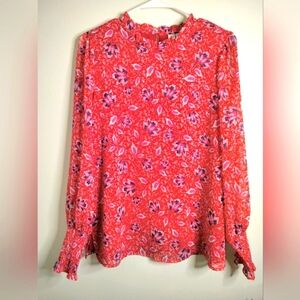 Joie (Size L) Multicolored Floral Print Ruffle & Smock Trim Blouse